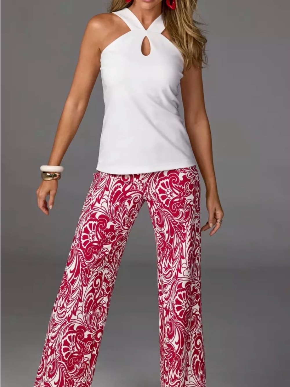 Wide-Leg Printed Palazzo Pants in Red and White